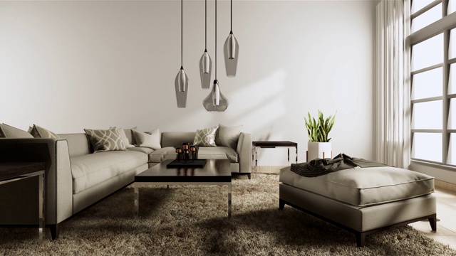 现代风格的客厅，白色墙壁的木地板和沙发扶手椅的地毯。三维渲染视频下载