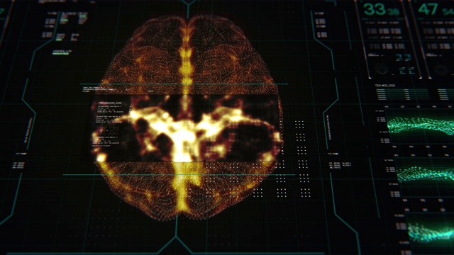 动画的用户界面HUD与大脑分析黑暗背景的网络未来概念与谷物处理视频素材