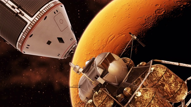 4 k。星际空间站太空舱与火星着陆器的脱离。视频素材