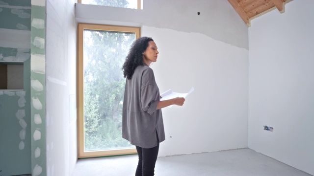 女室内建筑师拿着平面图走在建筑里视频下载