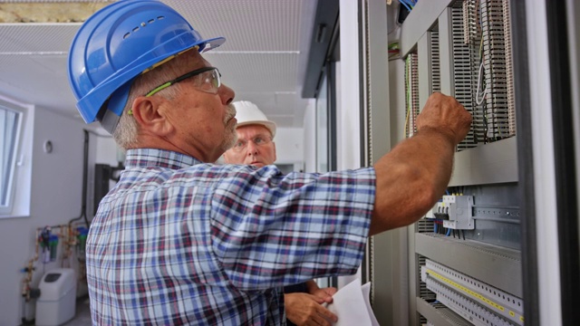 在一座新建的房子里，一名男性电气技术员和一名工程师正在连接电气面板视频素材
