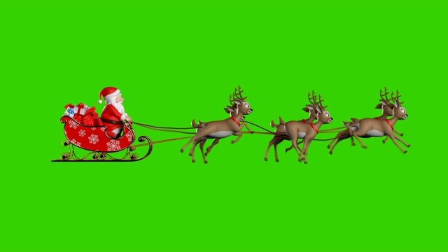 圣诞老人坐在驯鹿雪橇上，在绿色背景上飞行视频素材