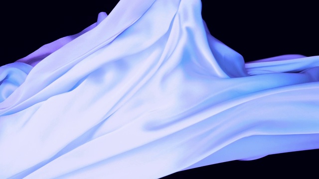 彩虹色的蓝紫丝质织物在超慢的动作中横向流动和摆动，近距离，黑色背景视频素材