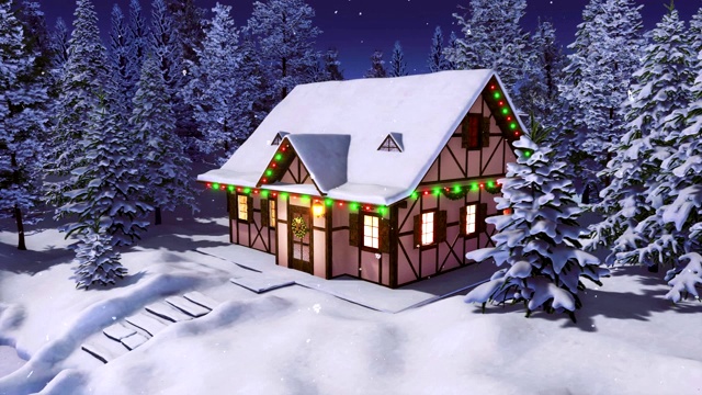 冬夜白雪覆盖的冷杉林中的圣诞屋视频下载