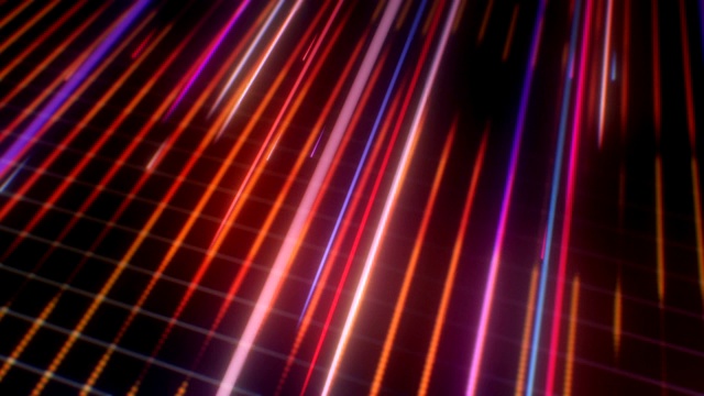 节奏蓝、红、橙、紫、紫外光氖激光束发光线条抽象运动背景。复古未来80年代VJ视频动画视频素材