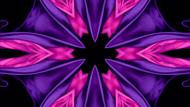 万花筒图案，金属粉色和紫色的丝质面料在超慢的动作中流动和波动，近距离，黑色背景视频素材
