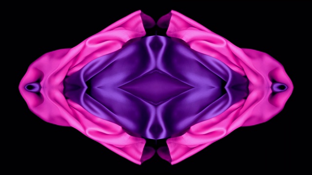 万花筒图案，金属粉色和紫色的丝质面料在超慢的动作中流动和波动，近距离，黑色背景视频素材