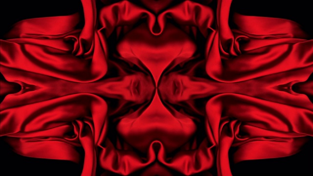 万花筒图案创建与红色丝绸织物流动和波浪在超级慢的动作和近距离，黑色背景视频素材
