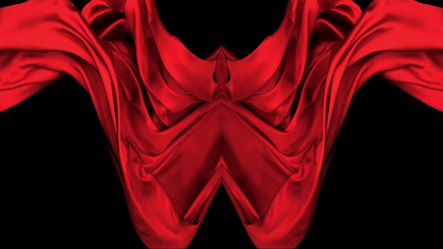 万花筒图案创建与红色丝绸织物流动和波浪在超级慢的动作和近距离，黑色背景视频下载