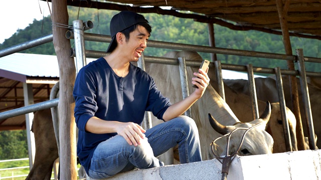 年轻的亚洲农民视频在农场打电话，挥手和聊天与家人在智能手机摄像头视频下载