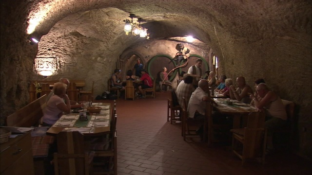 在一个类似隧道的独特餐厅里，一群人围坐在桌子旁。视频素材