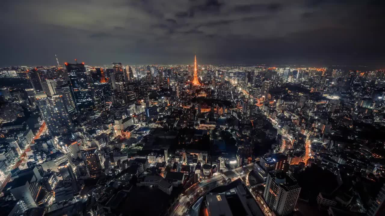 4K分辨率东京城市天际线与网络连接线的时间间隔。物联网和智慧城市概念，技术未来概念视频素材