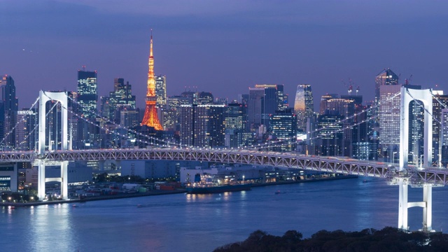 4K延时从白天到夜晚彩虹桥和天际线，日本东京视频下载