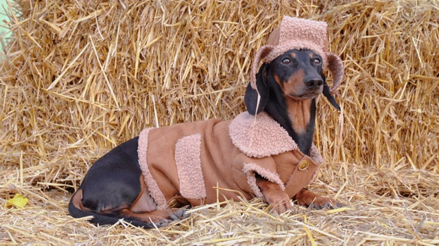 一只可爱的腊肠犬，戴着一顶土里土气的帽子，穿着羊皮外套，坐在一个农村集市的干草堆上，四处张望视频下载