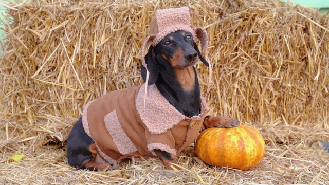 滑稽可爱的腊肠狗戴着一顶土里土气的帽子，穿着羊皮外套，坐在干草堆上，把他的爪子放在一个橙子成熟的南瓜在农村集市上。视频下载