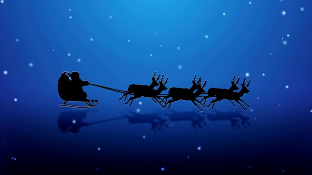 圣诞老人和他的会飞的驯鹿在结冰的湖面上视频素材