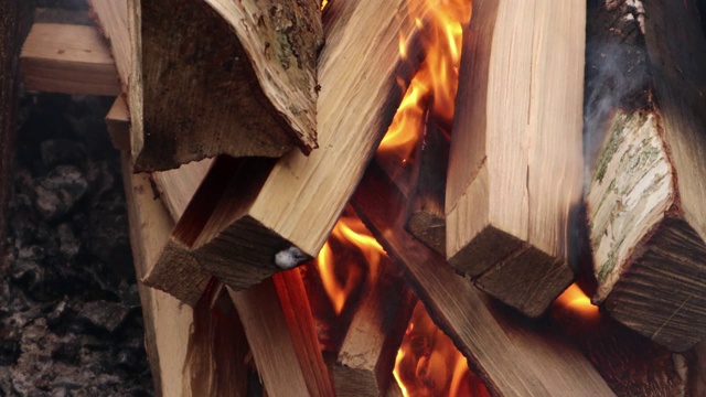 用火焰和烟雾对火和柴火进行特写视频下载