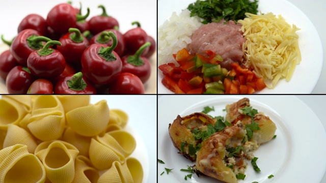 制作意大利传统面食，4K视频编译。自制意大利面，红辣椒，新鲜欧芹，洋葱，碎奶酪和肉在白色的背景上旋转。美味的视频下载