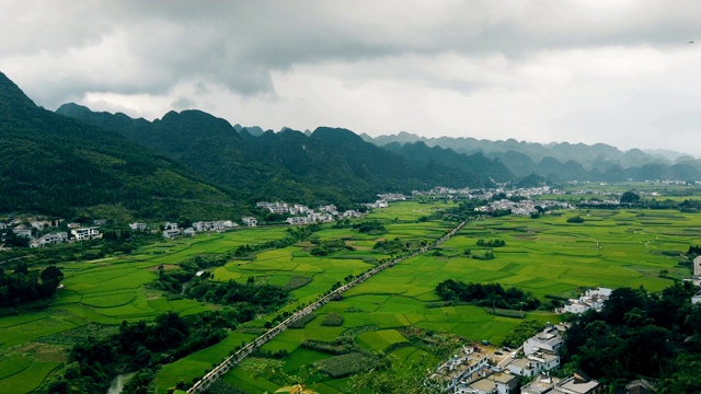 喀斯特山峰森林(万峰林)的村庄和稻田，贵州，中国。视频素材
