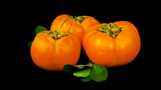 三个成熟的橙黄色柿子带着绿色的叶子旋转着。视频下载