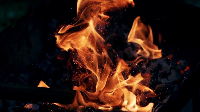 木棍在火中折断闷烧的木头。视频素材