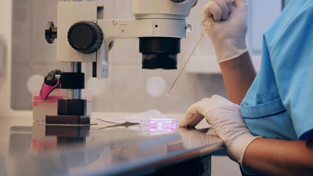 在显微镜下进行的化学研究，科学工作者在实验室里。视频素材