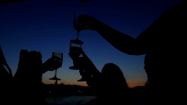 酒精。游艇上喝酒的人的剪影。视频素材