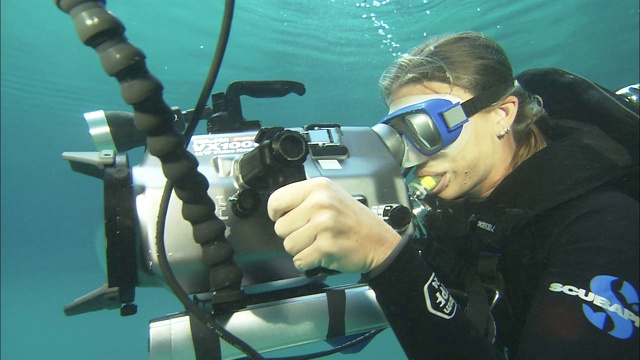 一位戴水肺的潜水员正在拍摄一只大型水母。视频下载