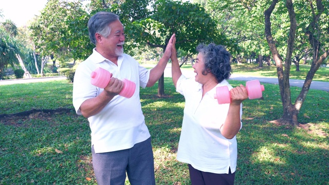 一对亚洲老夫妇在公园里举哑铃锻炼身体。老人和老太太举重时，可爱的丈夫和妻子完成了锻炼，他们一起以击掌和重量庆祝，幸福视频下载