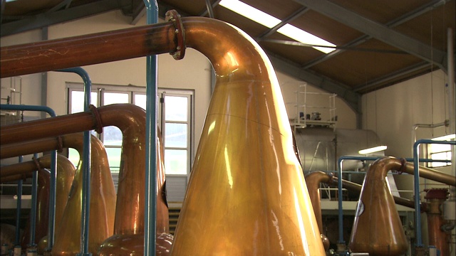 酿酒厂里成排的大桶装着威士忌。视频下载
