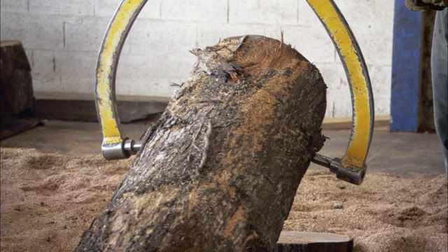 在一个橡木桶工厂，滑轮钳夹住并抬起一根沉重的橡木。视频下载
