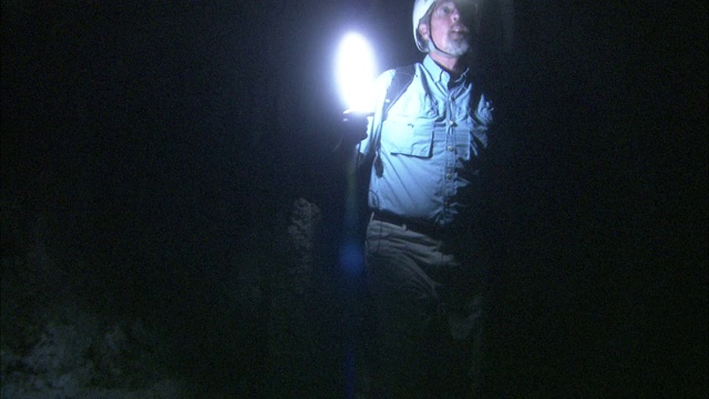 一位地质学家走过一个洞穴里的钟乳石和石笋。视频下载
