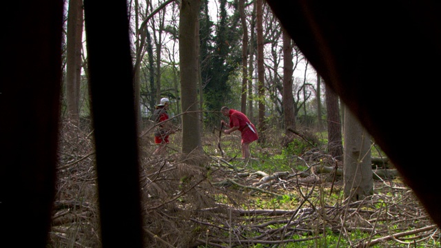 影片再现了罗马士兵在树林中搬运圆木的情景。视频素材