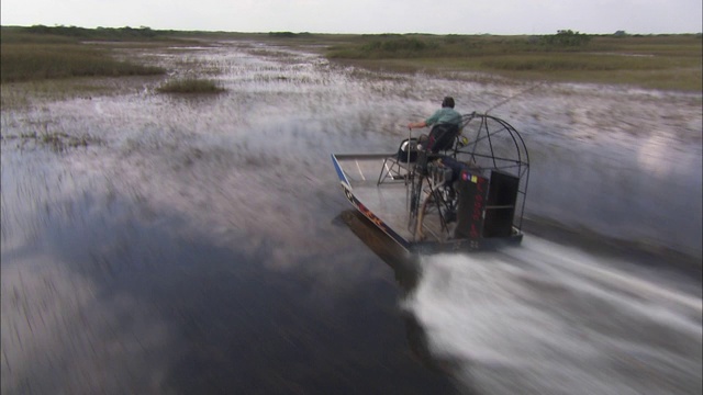 一艘汽艇在大沼泽地上游弋。视频素材