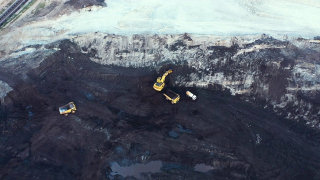挖掘机在褐煤开采作业鸟瞰图拍摄视频素材