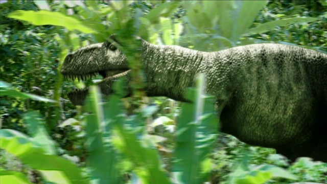 在电脑生成的动画中，一只雷克斯暴龙在追逐另一只恐龙时咆哮。视频下载