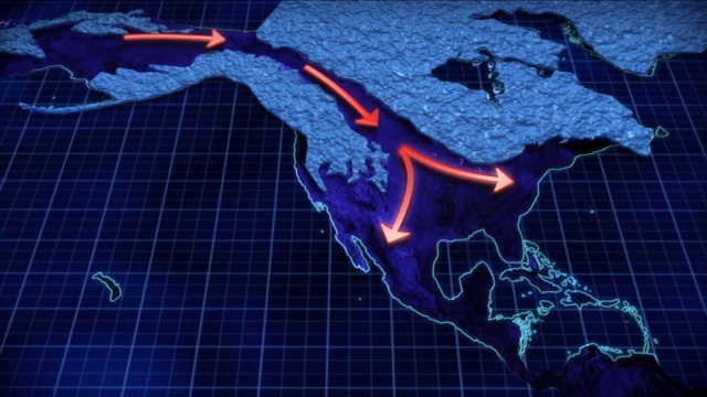 在计算机生成的史前北美地图上，一条通道分隔了冰川。视频素材