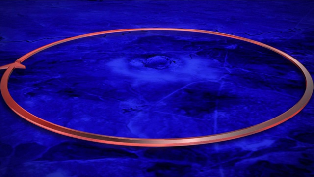在计算机生成的地图上，一个箭头围绕着一个旋转的陨石坑。视频素材