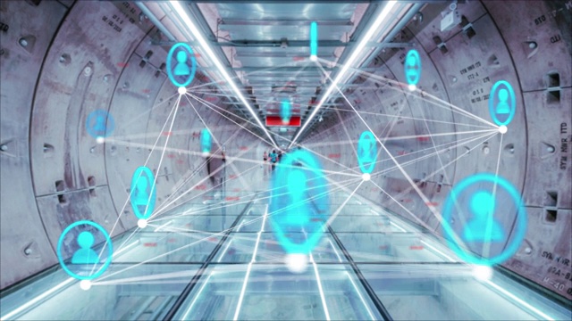 4k分辨率的人连接技术概念与拥挤的人在隧道中行走，未来抽象背景的商业科学和技术视频素材