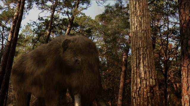 在计算机生成的动画中，一头乳齿象用它的树干将一棵树推倒。视频素材