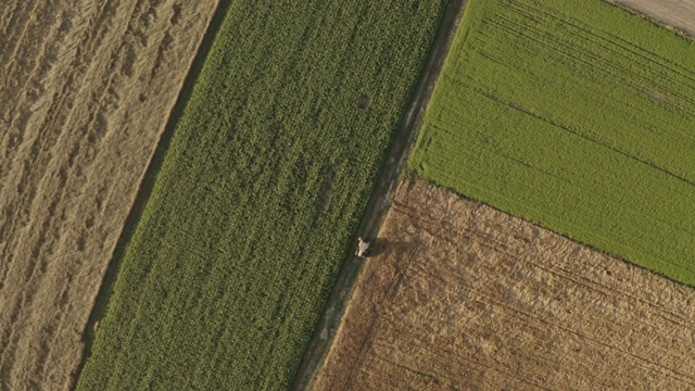 空中农民在一辆停在田地边上的拖拉机旁使用平板电脑。视频素材