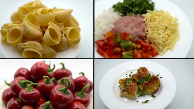 美味的意大利面食准备，4部分视频汇编在白色的背景。用红辣椒、洋葱、磨碎的奶酪、肉和新鲜的绿欧芹在炉子上煮的通心粉。传统的视频下载