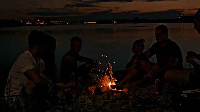 年轻人在湖边的篝火旁喝酒视频素材