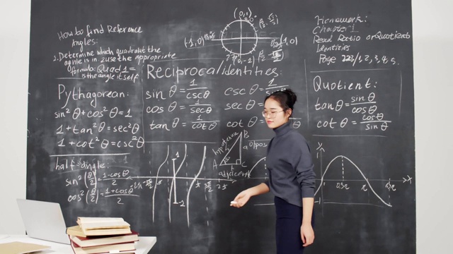 年轻的亚洲女人在黑板上写字视频下载