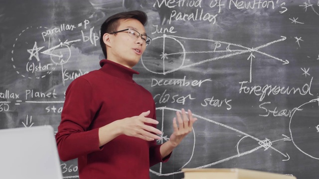 亚洲物理学家在黑板上展示新项目视频下载