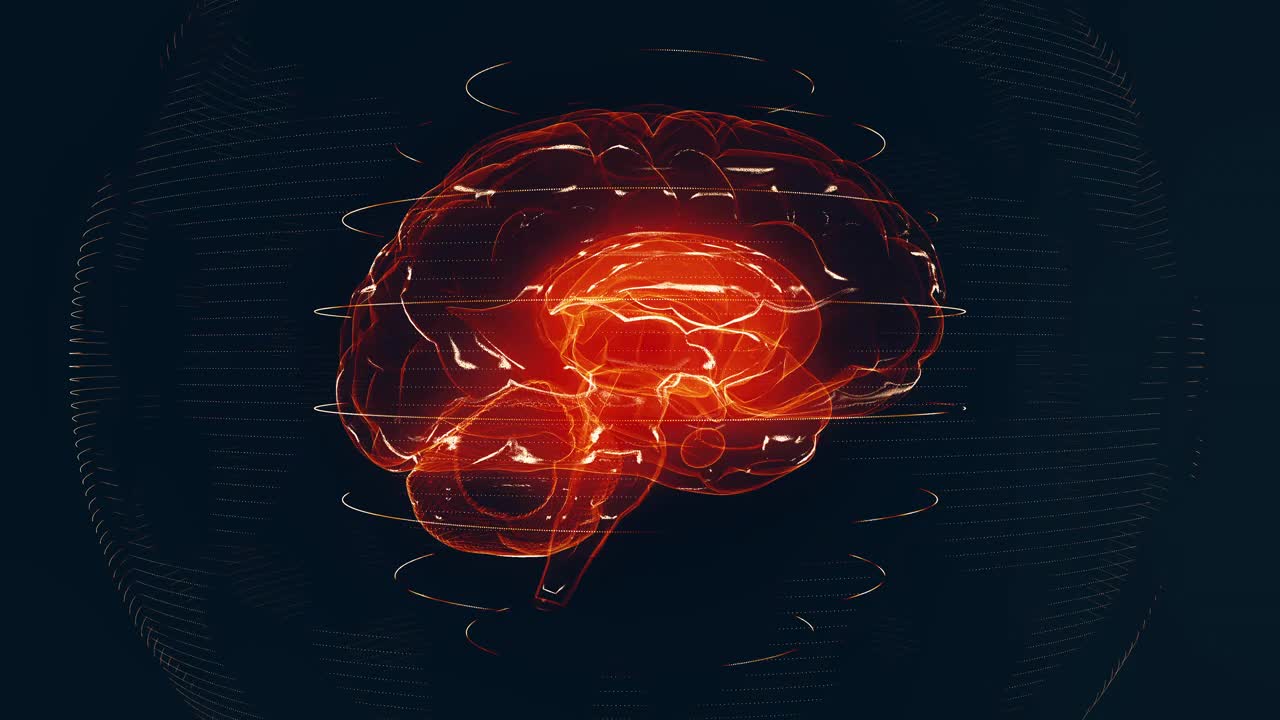 未来的红色数字大脑无缝循环。MRI扫描中的神经元放电视频素材