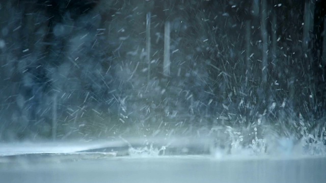 宏观雨滴从水坑表面落下反冲视频下载