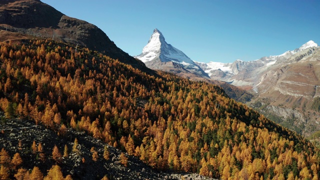 秋天的马特洪峰和金色落叶松。瑞士策马特。鸟瞰图视频素材