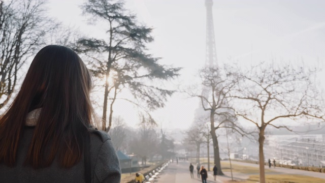 镜头跟随快乐优雅的女子沿着秋天的巴黎走向著名的埃菲尔铁塔的商务旅行慢镜头。视频素材