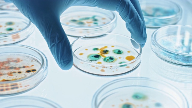 科学家使用培养皿与各种细菌，组织和血液样本。抗生素药物研究的概念，用DNA增强药物治疗疾病。移动特写宏视频素材